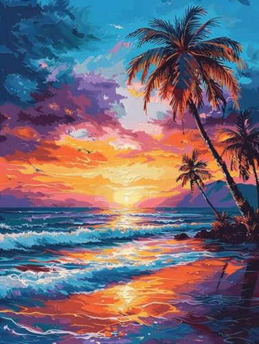 Diamond Painting cocotiers plage 30x40cm : Kit complet de broderie diamant 5D pour adultes