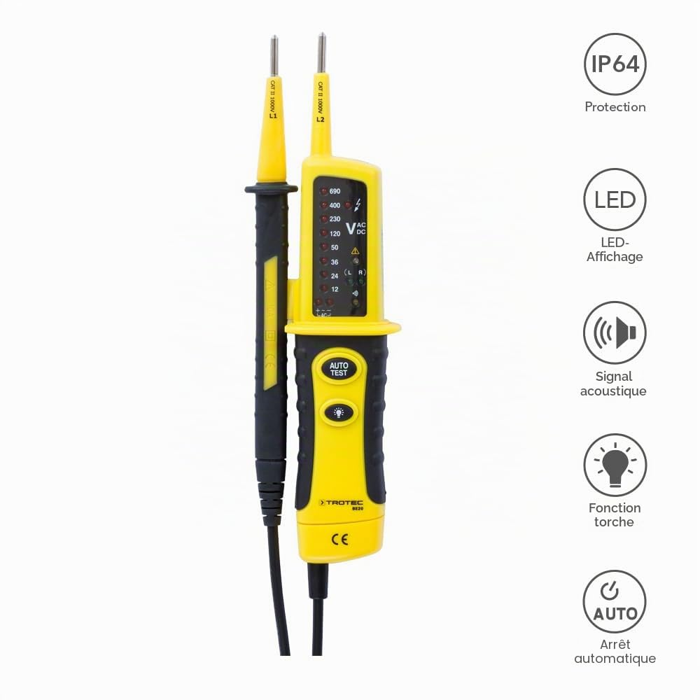 TROTEC BE20 Testeur de tension - Testeur de tension bipolaire | Testeur de continuité acoustique – Plage de mesure 12-600 V (AC/DC), IP64, LED