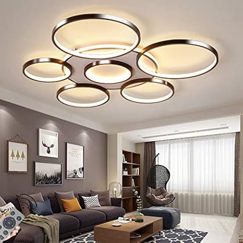 LED Ceiling Light Modern Creativity 7-Ring Living Room Ceiling Lamp Brown Round Circle Bedroom Chandelier,3000K-6500K Dimmable with Remote Control Restaurant Indoor Ceiling Lighting,108W/Ø110CM Cover