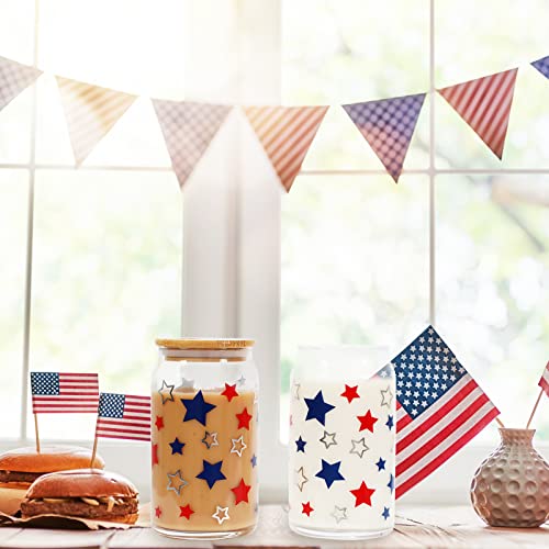 Whaline Patriotic Drinking Glasses With Bamboo Lids And Straw 4Th Of July Beer Can Glasses 16Oz Red Blue White Star Iced Coffee Cups For Independence Day Travel Office Home Gifts, 2Pcs #TOP6