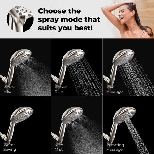Lokby 5″ High Pressure Handheld Shower Head 6-Setting - Hand Held Showerhead Set With 59″ Stainless Steel Hose, Teflon Tape, Rubber Washers, Bracket - Nickel #TOP3