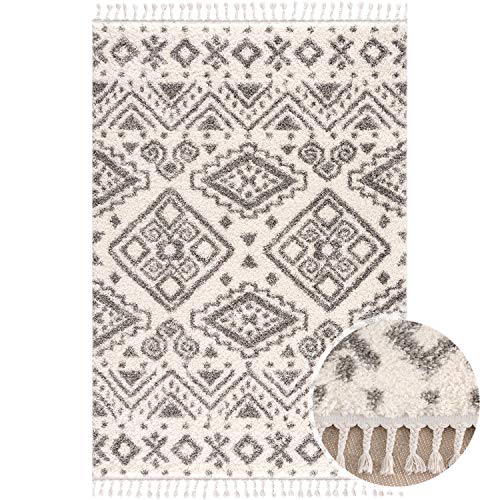MyShop24 Teppich Wohnzimmer Shaggy - Creme 120x160cm - Schlafzimmer Soft Shaggy Flauschig mit Fransen - Rauten Muster - Oeko Tex 100 Standard - Allergiker geeignet Cover