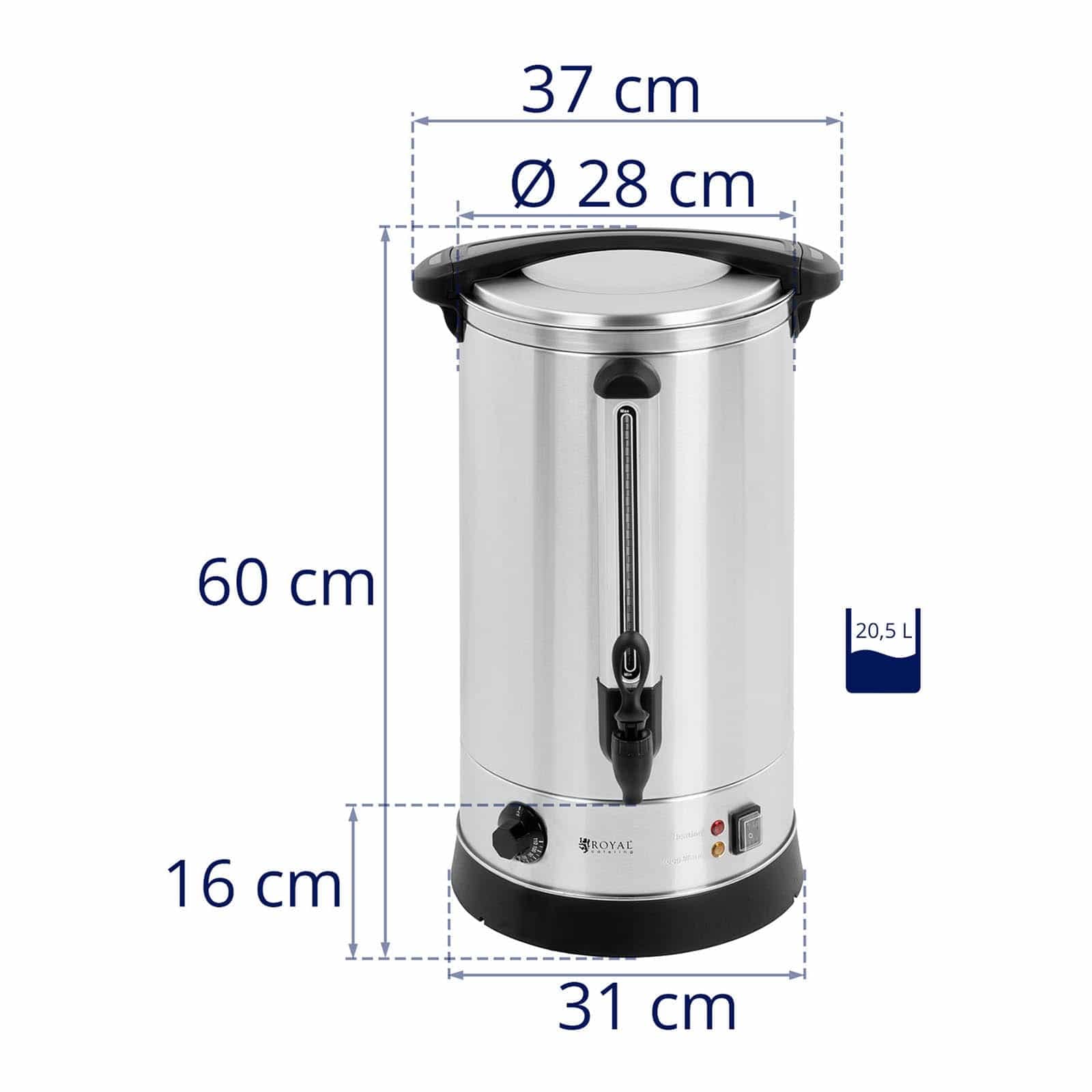 Royal Catering Distributeur D'Eau Chaude Avec Robinet En Acier Inoxydable Fontaine Bouilloire RC-WBDW20 (20,5 l, 2 500 W, 30-110 °C, Fonction De Maintien Au Chaud, Inox/Plastique)