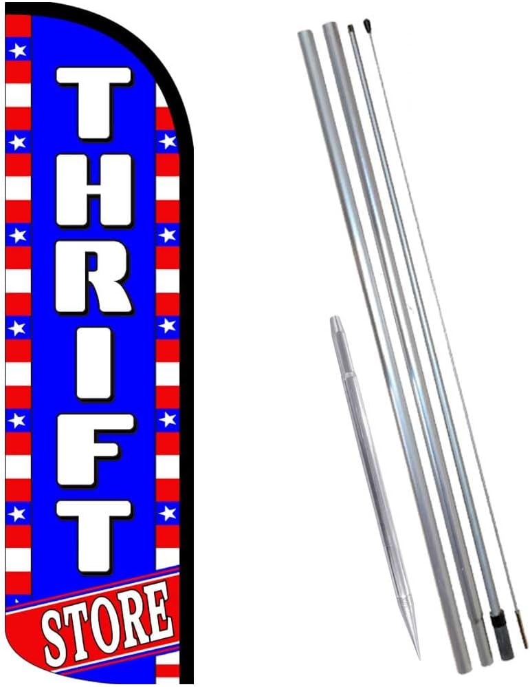 THRIFT STORE (Patriotic) Windless Feather Banner Flag Kit (Flag, Pole, & Ground Mt)