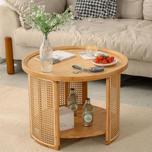 Table Basse Salon Ronde en Rotin, Table D'appoint à 2 Niveaux en Bambou avec Rebord Surélevé et Étagère Ouverte, Meuble Japonais pour Petits Espaces,...