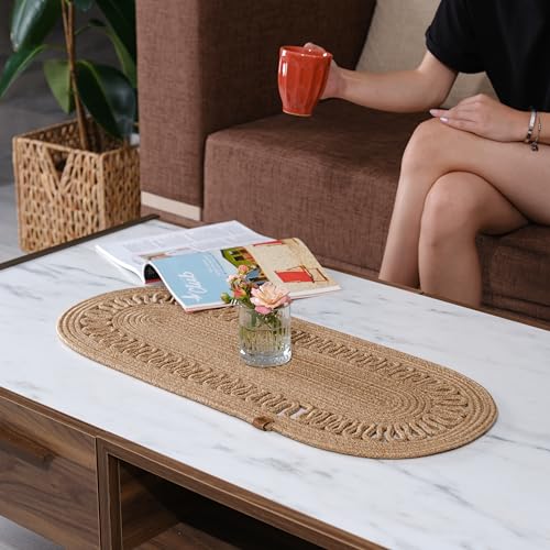 Doğal jüt dokumalı oval masa örtüsü ve örgülü sehpa yolluğu; standart ölçü