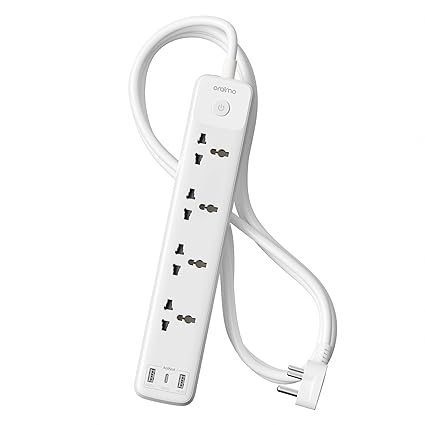 Oraimo PowerHub2 Power Strip 2500W Extension Board with USB C Ports ,4-Outlet International Sockets+3 USB Type C (3.1A) Fast Charging Port with Master Switch & 2M Extension Cord for Home Appliances, Cooler, Laptop(4-Outlets+2 USB Ports+1Type C Ports)
