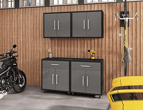 Image of Manhattan Comfort Eiffel Garage Cabinets and Storage System, Set of 4, Matte Black and Grey