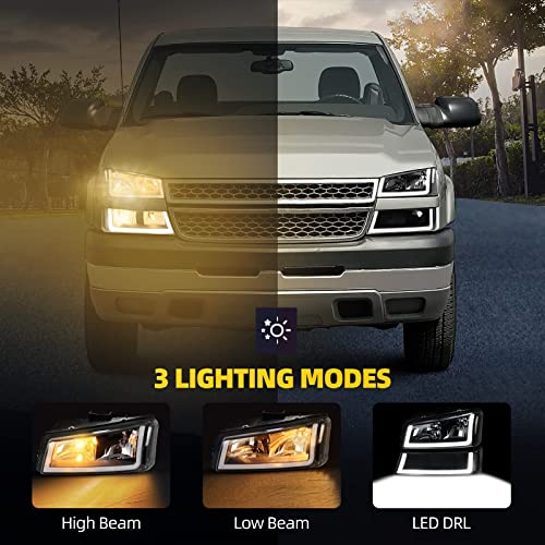 Image of DWVO LED DRL Headlight Assembly Compatible with 2003-2006 Silverado Black