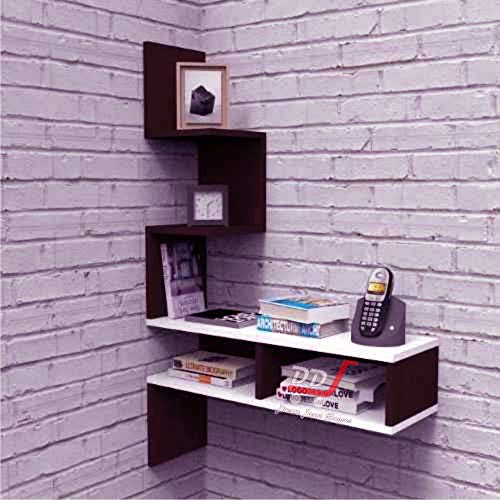 Image of DDS Dream Decor Shoppee Engineered Wood Big Zigzag Corner Wall Shelf for Living Room and Home Decor (White Combination) (Brown & White)