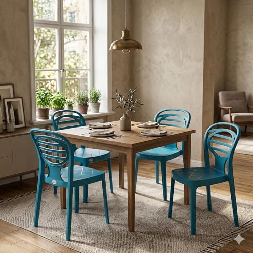 Image of Oaknest Supreme Oak Armless Plastic Dining Chair | Compact & Ergonomic Design for Home, Living Room, Balcony & Outdoor Seating | Color : Oxford Blue, Set of 4