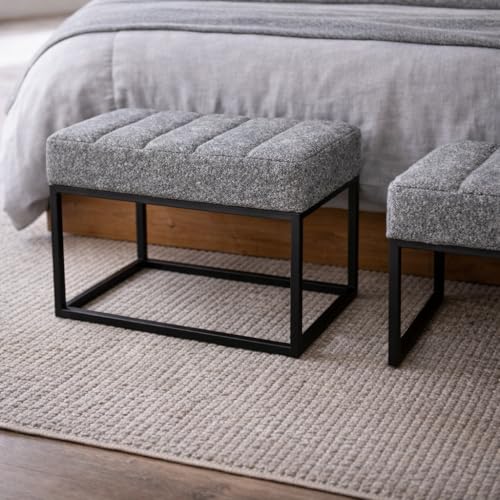 Image of HomePop 22 inch Theodore Channel Tufted Ottoman - Cream Boucle with Gray Yarns