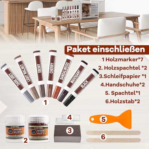 Furniture Möbelreparatur Möbel Reparaturset Rot Sandelholz Serie,7 Farbe Holzmarker, mit 2 Holzkitt, Holzkratzer Reparaturset Holzmöbel Set Möbelmarker für Flecken, Kratzer, Böden, Tische