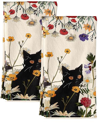 Image of Miss Adola 150GSM Flour Sack Kitchen Towels Set of 2, Cat in Grass