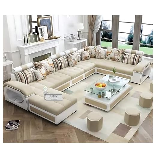 OXTEM ; The Furniture World U Shape 9 Seater Fabric Sofa Set with Tea Table & 4 Puffy 2 + 2 + 2 + 1 + 1 + 1 (Light Brown),Pre-Assembled (oxtem003), Wood