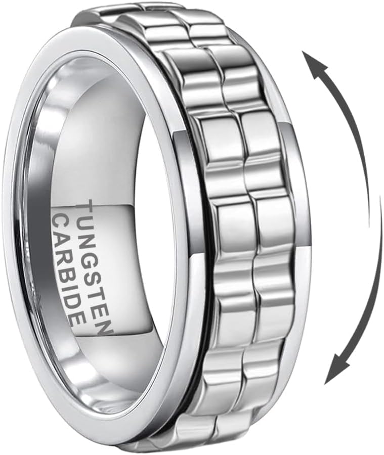 8mm Silver/Black/Gold Tungsten Titanium Spinner Rings for Men Women Anxiety Released Promise Engagement Wedding Bands Stepped Polished Shiny Comfort Fit