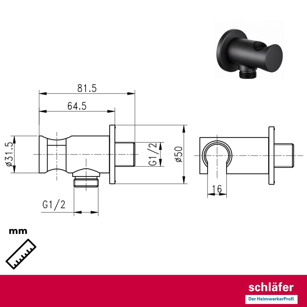 Schläfer 814321 | Presa Acqua Doccia Tonda con supporto per Doccetta Nero Opaco, Uscita Acqua Parete G 1/2" - Ø 20,86 mm, Raccordo Gomito per Flessibile Doccetta in Ottone Design Moderno