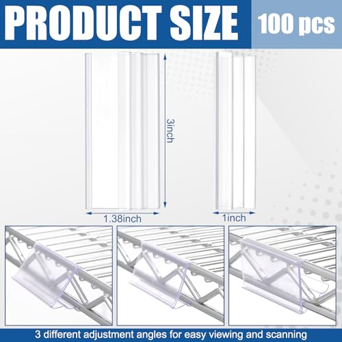 Image of Kathfly 100 Pack Wire Shelf Label Holders Shelf Cable Tags for Wire Shelving 3 Viewing Angles 3 inch Adjustable Clear Plastic Rack Label Holder Retail Clips Compatible with 1-1 /4in Metro Shelving