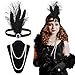2 Pcs 1920s Flapper Headband Faux Pearls Necklace Set Includes White Artificial Pearl Necklace Long Necklaces for Women Black Feather Headpiece Beaded Flapper Headpiece Accessories for Costume Dress