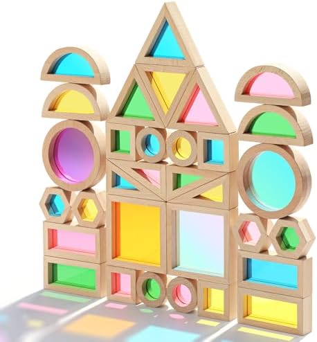 Wooden Building Blocks Set with Colored Acrylic Windows - 32 Piec...