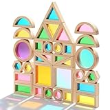 JOLKID Wooden Building Blocks Set with Colored Acrylic Windows - 32 Pieces - Montessori Light Table Educational Sensory Stacking Toys for Toddlers & Preschoolers Ages 18M+