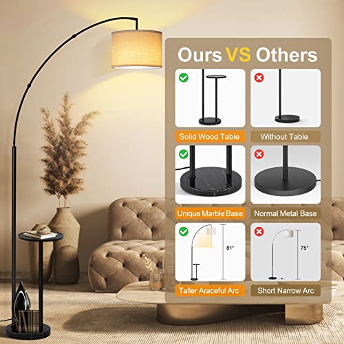 Outon Arc Floor Lamp With Table And Marble Base, 81" Height Led Dimmable Floor Lamp With Remote & 4 Color Temperature, Tall Standing Lamp With Adjustable Hanging Drum Shade For Living Room, Bedroom #TOP3