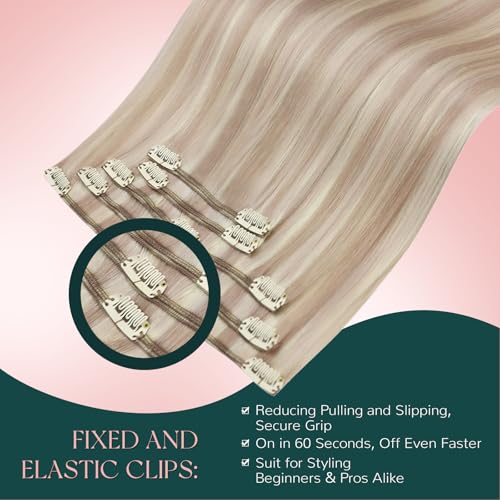 Image of Easyouth Clip in Human Hair Extensions Blonde Highlight, Human Hair Clip in Extensions for Beginners, Ash Blonde Highlights Bleach Blonde, Invisible Clip on Hair Extension for Women, 14 Inch 5pcs 85g