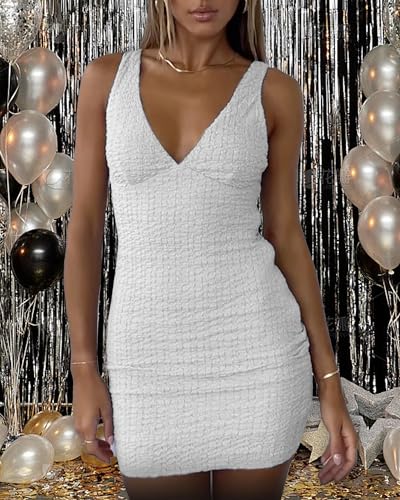 ZREQV White Dresses for Women Summer 2026 Going Out Sleeveless Sexy V Neck Backless Vacation Party Bodycon Mini Dress White L — view 2