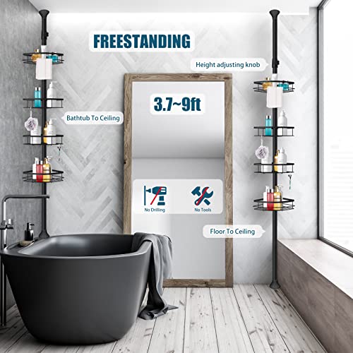 Rosefray Shower Shelf, Tension Shower Pole Corner Caddy, Shower Rack，Rustproof 304 Stainless Steel, 4 Tier Big Adjustable Baskets, Height Adjustable 3.7 To 9Ft，Matte Black #TOP2
