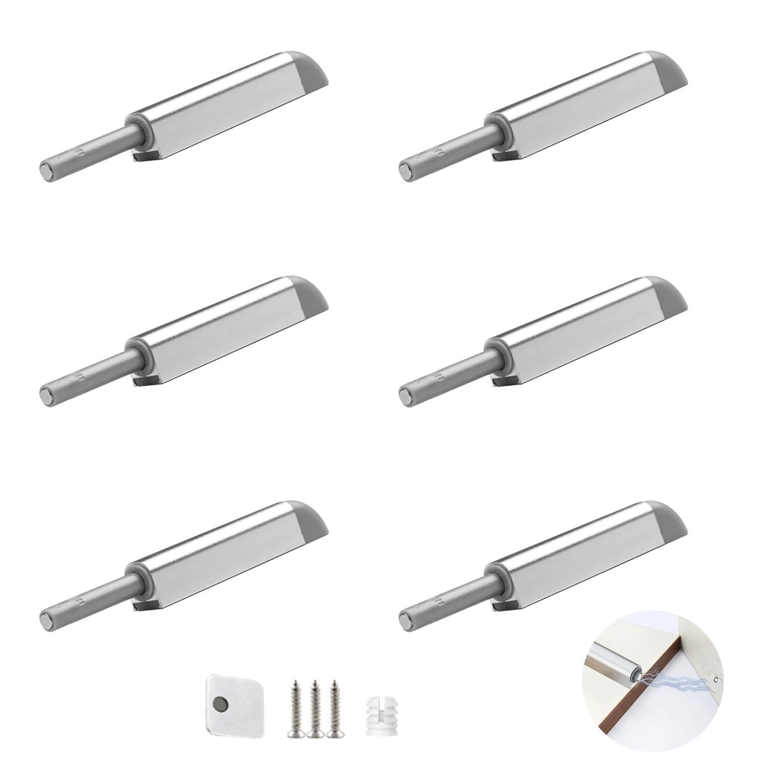 X springMagnetic Door Catch, 6 Pack Magnetic Touch Latch, Aluminum Alloy Magnetic Cabinet Door Catch for Kitchen Bathroom Cupboard Wardrobe Closet Closures Cabinet Door Drawer Magnets Screws Included
