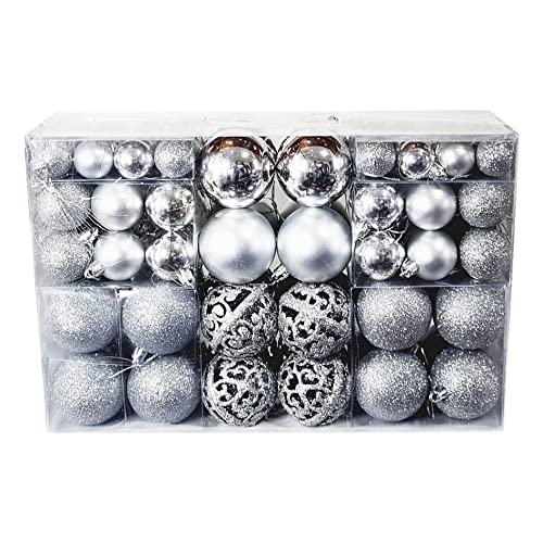 Kit C/100 Bolas de Natal Lisas/Foscas/Glitter + Ponteira (Prata)