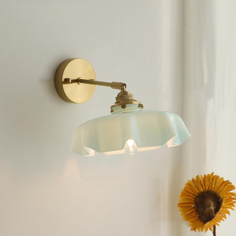 HUAYUSEDF Vintage den Flower Wall Sconce - Hardwired Medieval Milk Glass Adjustable Nordic Modern Mounted Lamp for Bedroom, Living Room, Farmhouse Decor, Elegant Lighting Fixture(Blue)
