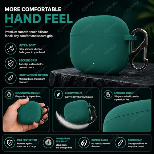 Image of Anvique Silicone Case Cover for Oneplus Nord Buds 4 Pro, Scratch Resistance, Shock Absorption, with Premium Carabiner (Green)