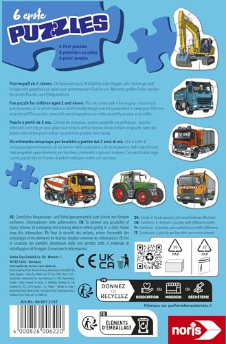 Noris 6 erste Puzzles Fahrzeuge – Kinderpuzzle ab 2 Jahren mit Traktor Auto Bagger – 6 robuste Puzzles mit 2–5 Teilen – Spielzeug für Kleinkinder Jungen Mädchen – geeignet für Puzzle-Einstieg Lernen