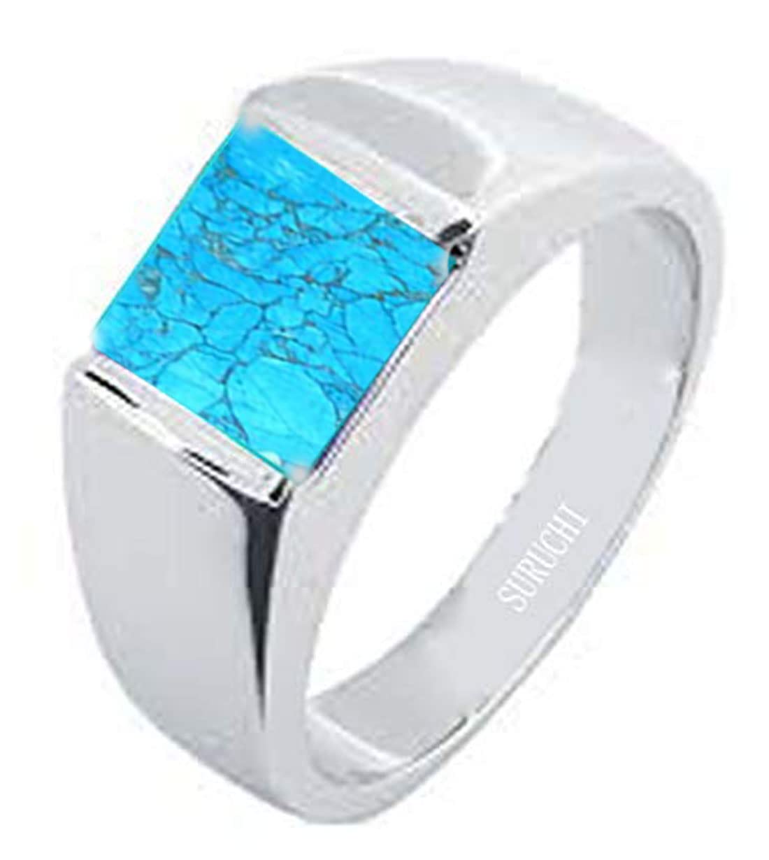 Suruchi Gems & JewelsSterling Silver Turquoise/Firoza Astrological Gemstone/Square Shape 3.25 Ratti to 10.25 Ratti or 3 Carat to 9.5 Carat 925 Bis Hallmark Ring for Men & Women