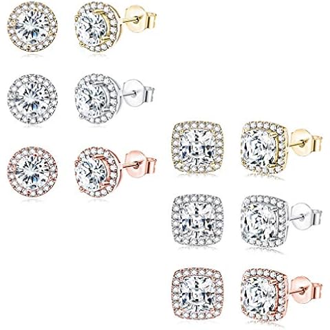 Udalyn 6 Pairs Halo Stud Earrings For Women 18K White Gold/Rose Gold Plated Round Square Cubic Zirconia Brillant Cut Earrings Cover