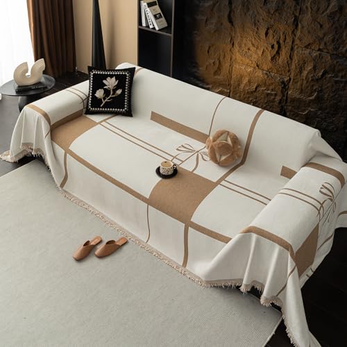 VanderHOME Manta de Sofá Chenille Gruesa, Plaid Sofa, Antigarras de Gato Transpirable y Cómoda, Reversible Bicolor Antimancha Lavable a Máquina, Protector de Sofá 180 * 400cm-Caqui