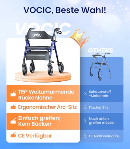 VOCIC Rollator Faltbar und Leicht mit Sit,Rollatoren Schmal für Wohnung,Rollatoren für Senioren Klappbar mit 20cm Reifen für All Gelände,Sitz und Griff Höhenverstellbar,5 Jahre Support|Saphirblau