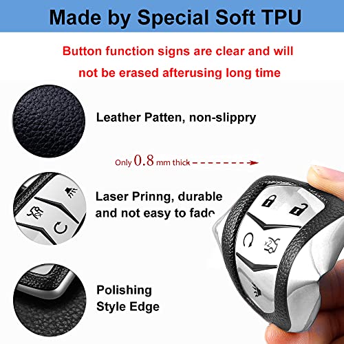 Ctrinews For Cadillac Key Fob Cover With Leather Keychain, Advanced Soft Tpu Surface Leather Grain Key Fob Case For 2015-2019 Cadillac Escalade Cts Srx Xt5 Ats Sts Ct6(Silver) #TOP1