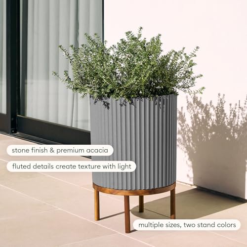 Image of Veradek Demi Series Round Planter w / Stand for Porch /Patio | Durable Plastic-Concrete & Wooden Stand | Modern Decor for Tall Plants, Flowers