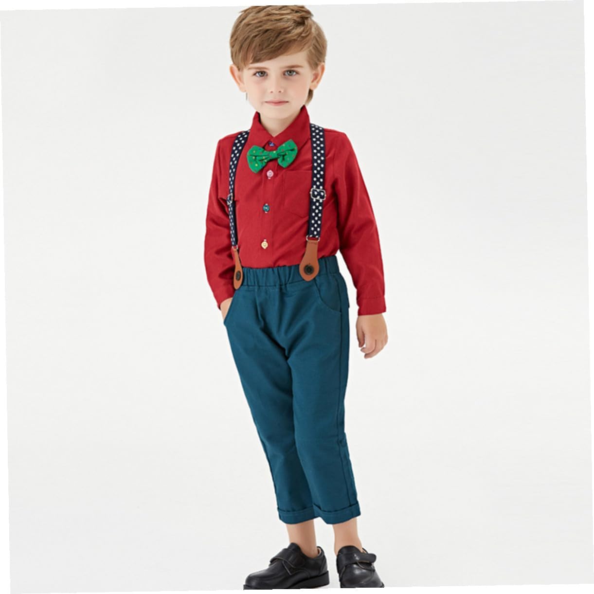 LIOOBO Christmas Suspender Trouser Set with Long-sleeved Bow Tie Shirt for Boys, Red 110cm Festival Outfit, ’s Holiday Clothing Suit