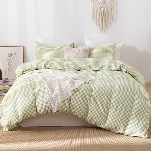YHJWW Sage Green Gingham Duvet Cover Bedding Set Prewashed Extra