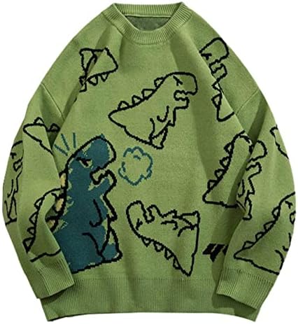 Aelfric Eden Mens Dinosaur Printed Cable Knit Sweaters Casual Oversized Sweater Pullover