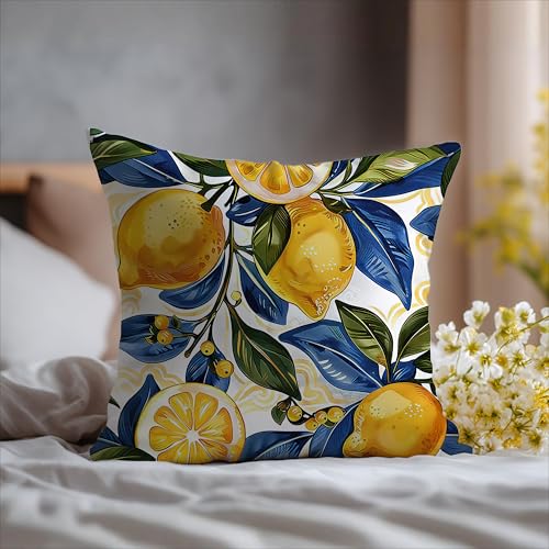 Image of Boho Summer Lemon Pillow Cover 18x18 Double-Sided,Italian Lemon Home Decor,Cottagecore Blue and Yellow Fruit Botanical Decorative Lumber Throw Pillow Cover for Home Bedroom Living Room
