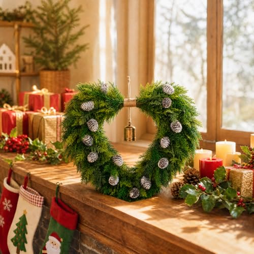 Pinkpum 22" Heart Shaped Christmas Wreath for Front Door with Gold Bells - image 6