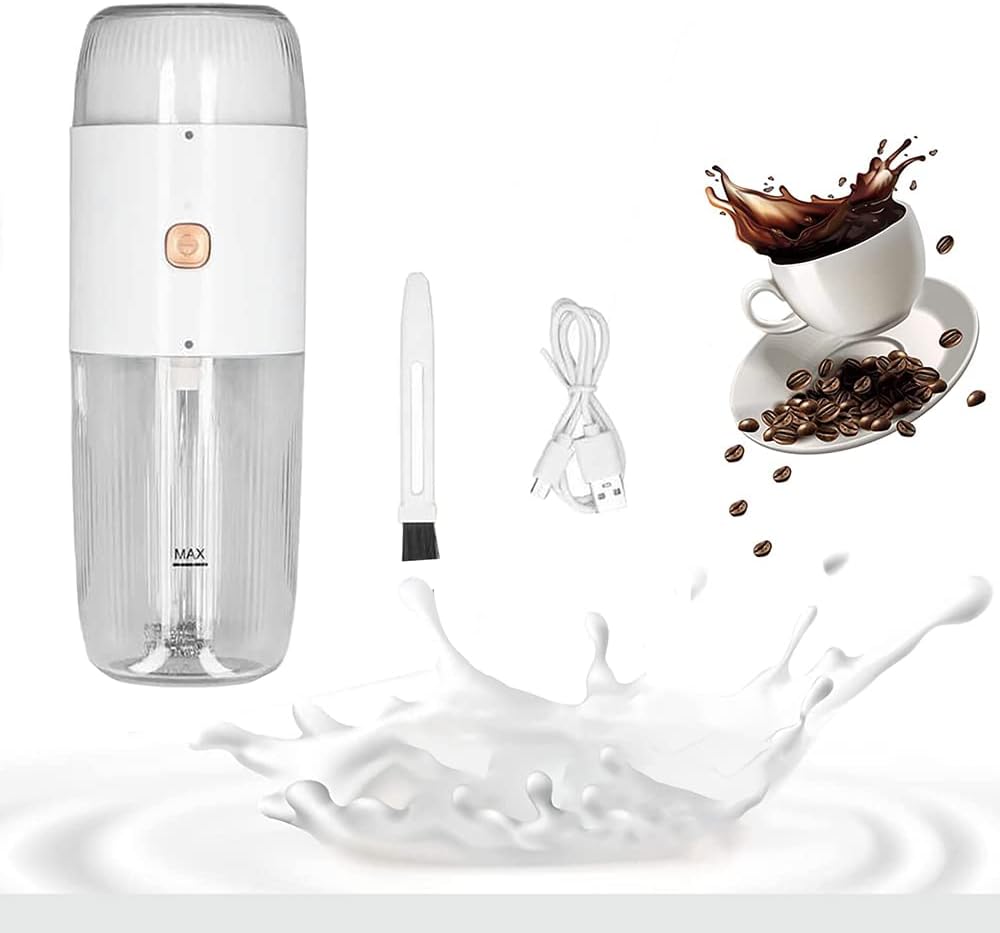 Electric Coffee Grinder Milk Frother 2 In1Portable Coffee Grinder Multifunctional USB Charging Milk Frother Bottle with Brush for Coffee, Latte, Hot Chocolate Office for Home (White)