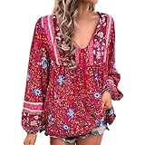 Blusa para mujer, elegante, informal, bohemia, cuello en V, estampado floral, túnica suelta, hippie, blusa de manga larga, verano, tallas grandes, blusa informal, moderna, camiseta de flores, color