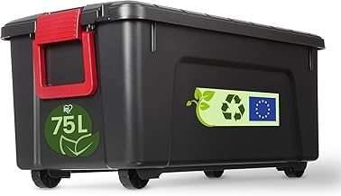 Iris Ohyama, Large Plastic Storage Box, 75L, Garage Box, Black, Stackable, Robust Snap Locks with Handles, SIA-75