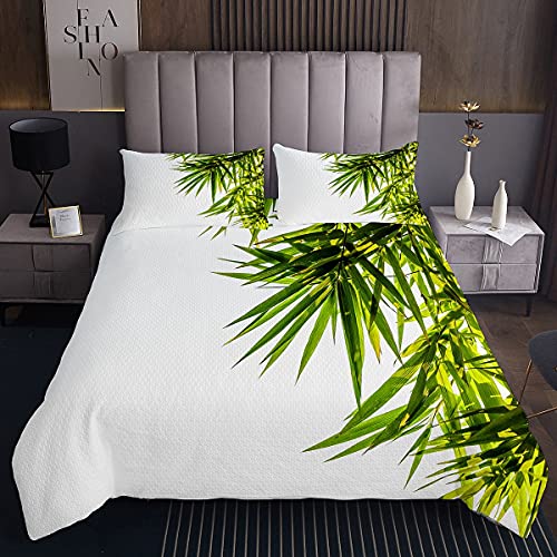 Copriletto Trapuntato in Bambù Foglia di Bambù per il Benessere Salute Fresco Purezza Tranquil Art Print Coverlet Verde Bianco Camera 2 Pz Singolo Formato