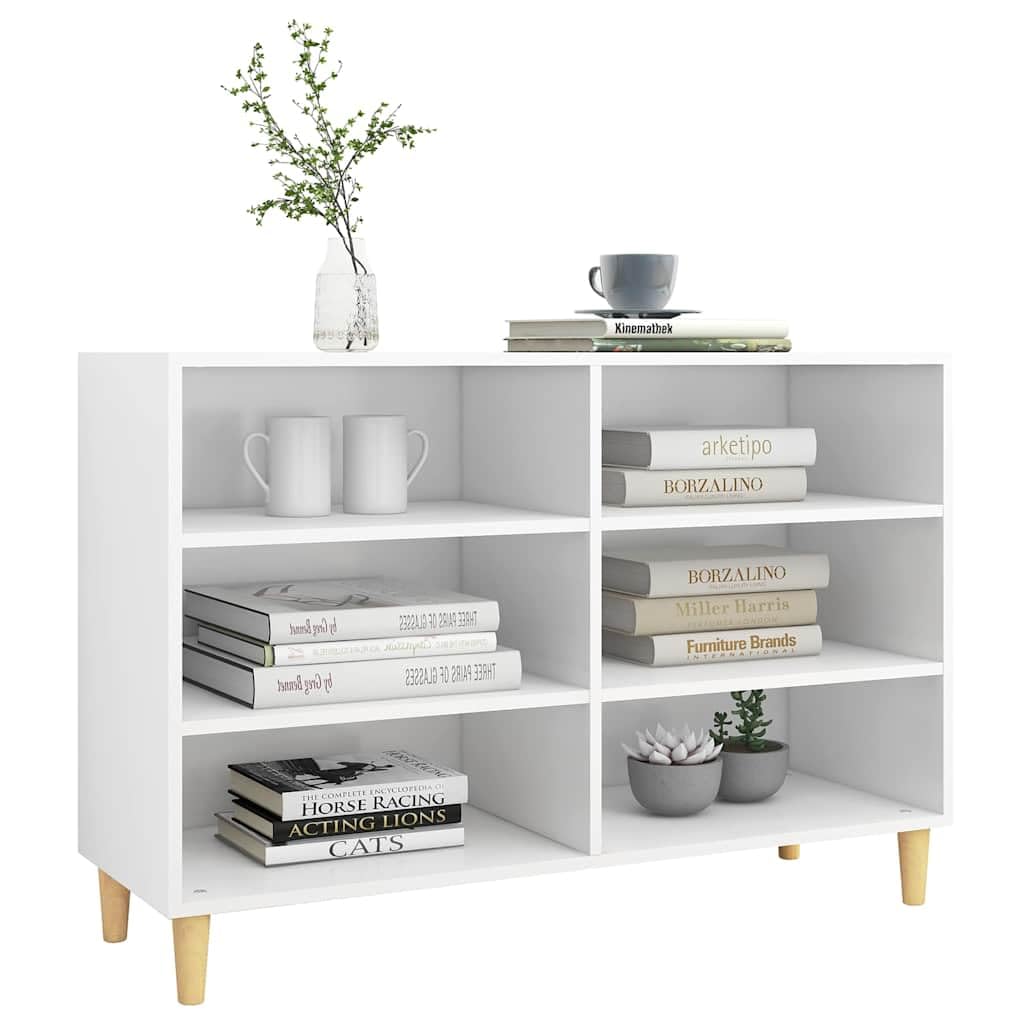 Credenza in legno bianco con 6 ripiani e gambe in legno di eucalipto massiccio, 103,5 x 35 x 70 cm, versatile armadio portaoggetti per corridoio, ufficio, cantina e casa